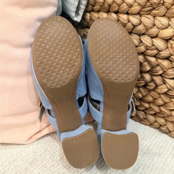AEROSOLES Light Blue Denim Block Heel Sandals with Gold Buckle - Picture 3 of 3